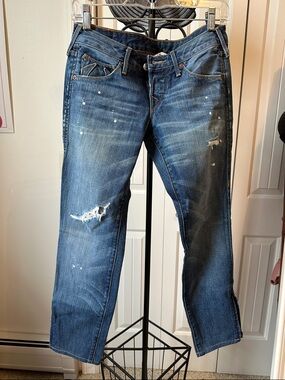 True Religion Men's-Inspired Straight Leg Distressed Blue Jeans
